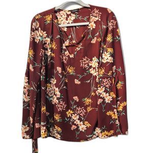 Cocomo Maroon Floral Print Lace Up Blouse Tie Up Long Sleeves